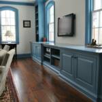  New Living Room with custom built ins and reclaimed hardwood floor